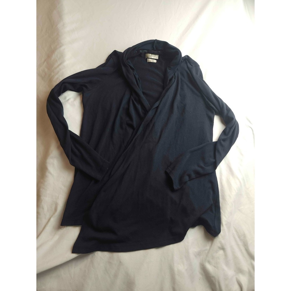 Van Heusen Drape Neck Cardigan Sweater Women Large Black Knit Classic Open Front